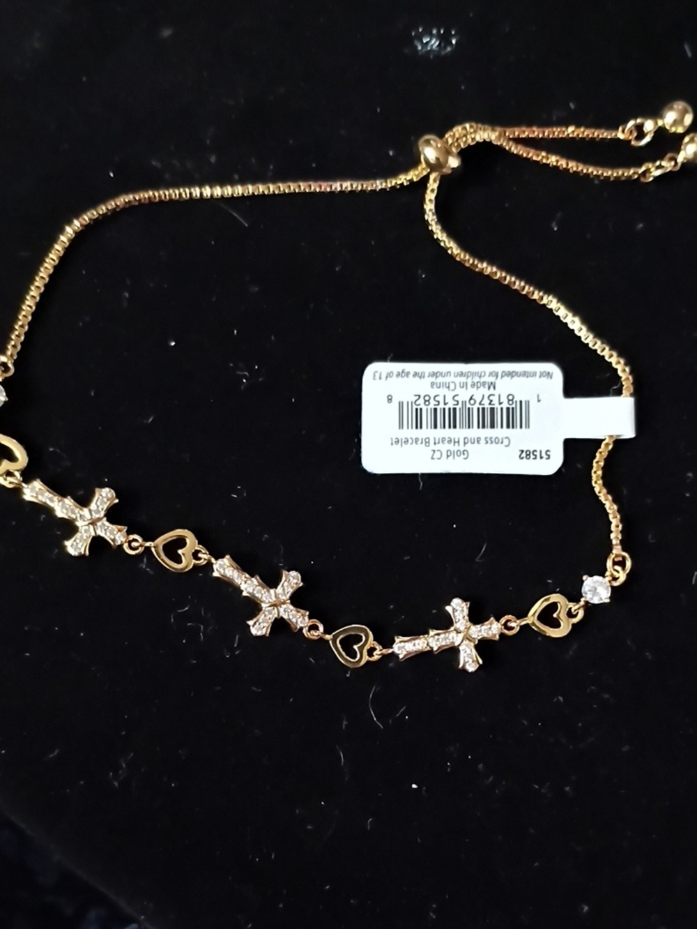Gold Heart and Cross Bracelet with CZ Accents